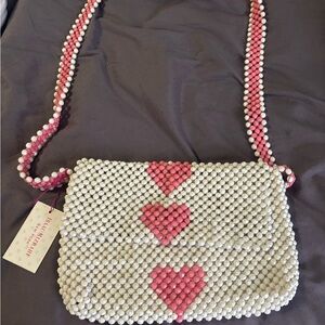 Beaded Heart Crossbody Bag - Pink & White